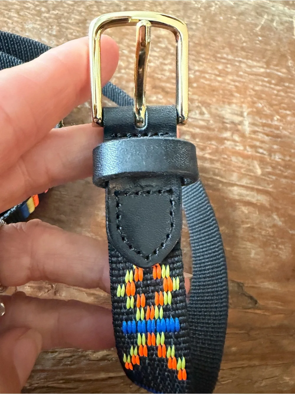 J. Crew Unisex Black Webbed Belt with Multicolor Embroidered Pattern